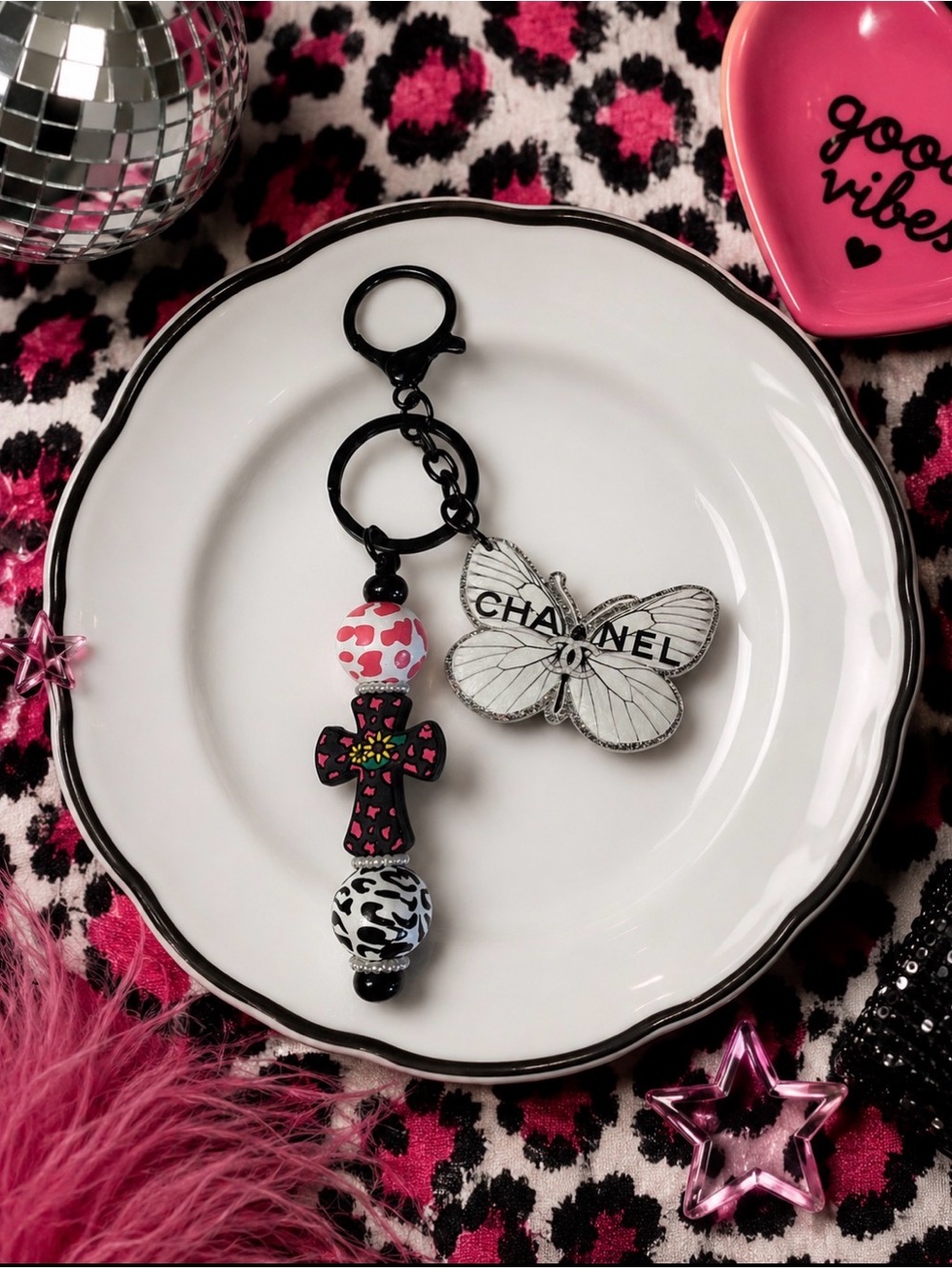 Hand Crafted Inspired Black, White & Pink Butterfly and Cross Keychain